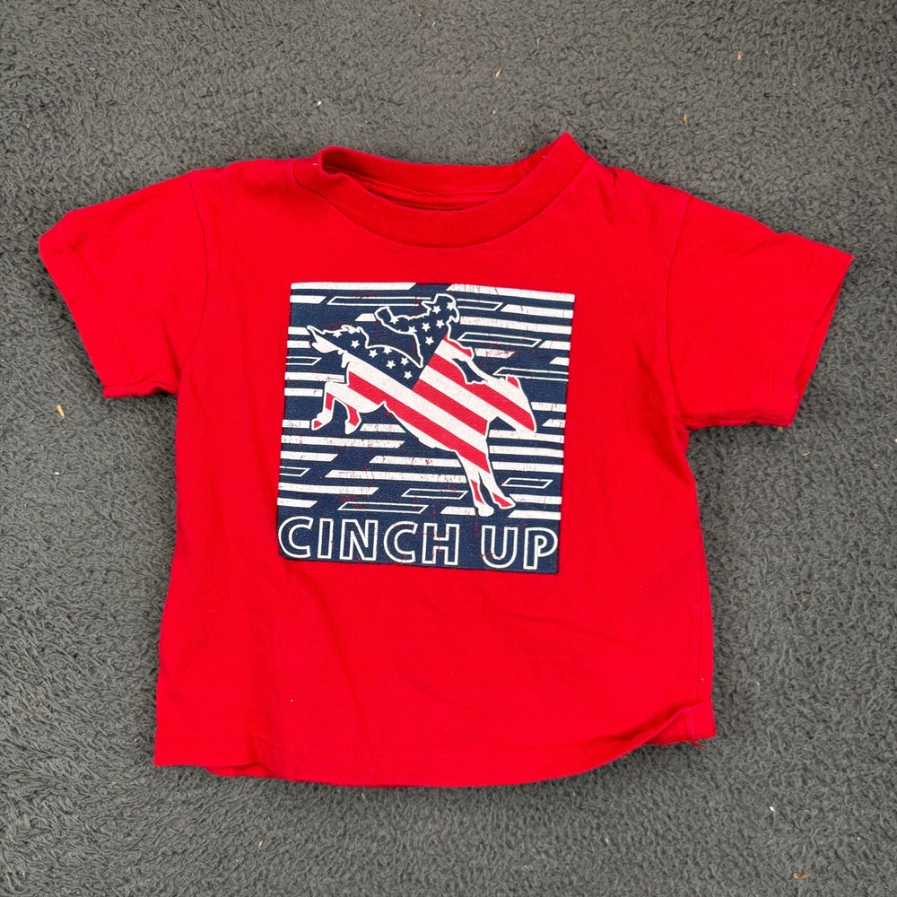 Cinch Up Boys Red Graphic T-Shirt USA Flag Rodeo Bronco Size 4T Cotton Tee